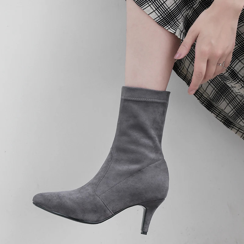Flock Ankle Boots For Women Spring Shoes Black Gray Short Socks Boot Autumn Fashion Heels Party Dance Shoes Ladies Large Size 250805