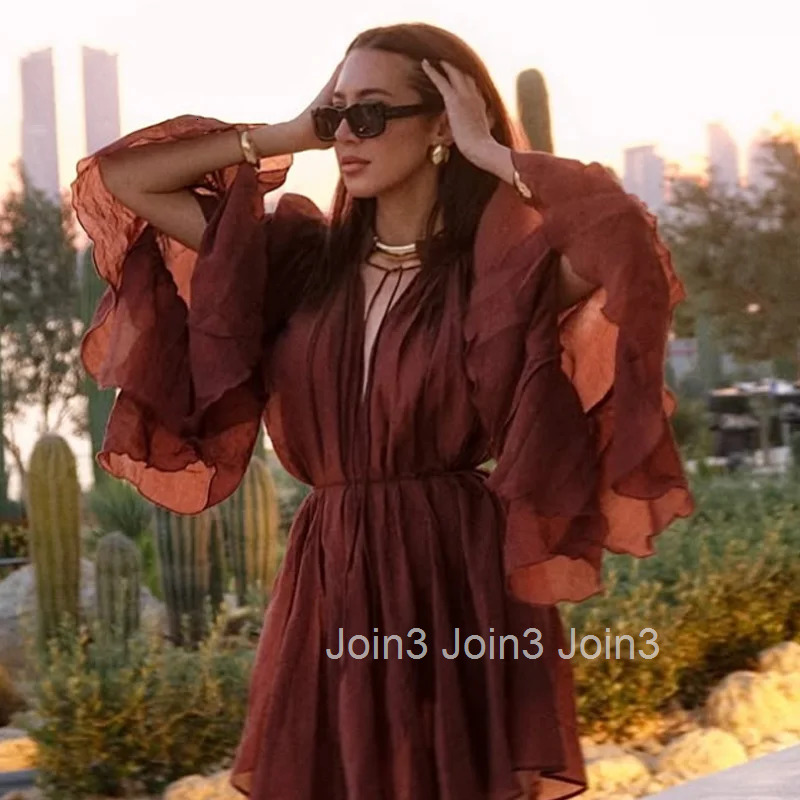 TRAF Woman Dress Ruffle Long Sleeve Mini Dress Summer Tie Fairy Short Dresses For Women Pleated Elegant Party Dresses 088