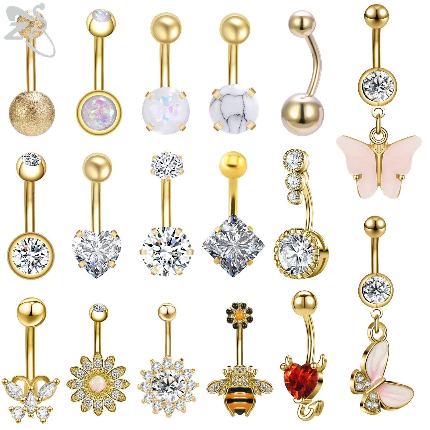 ZS 1 Piece Gold Color Stainless Steel Belly Ring Flower Heart CZ Crystal Navel Belly Button Rings Butterfly Navel Piercings 14G 250805