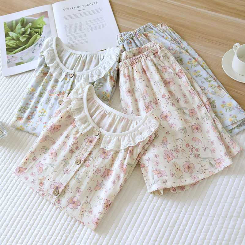 Digital double-layer gauze sleepwear, cute cartoon lace set for women, thin summer short sleeved shorts, cardigan, home wear