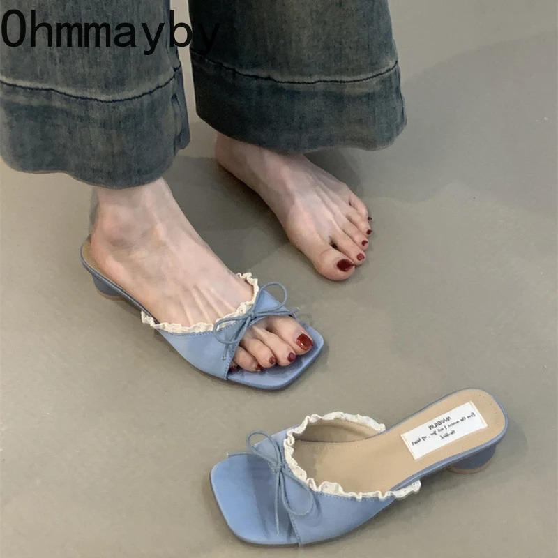 er Summer Butterfly-knot Lace Women Slippers Casual Thick Low Heel Dress Street Style Slides 250731