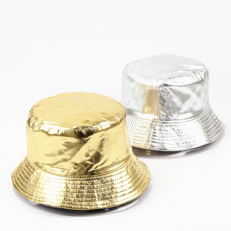 Stage Wear female Harajuku woman two-sided fisherman's hat in gold and silver lacquer leather and black and white basin hat