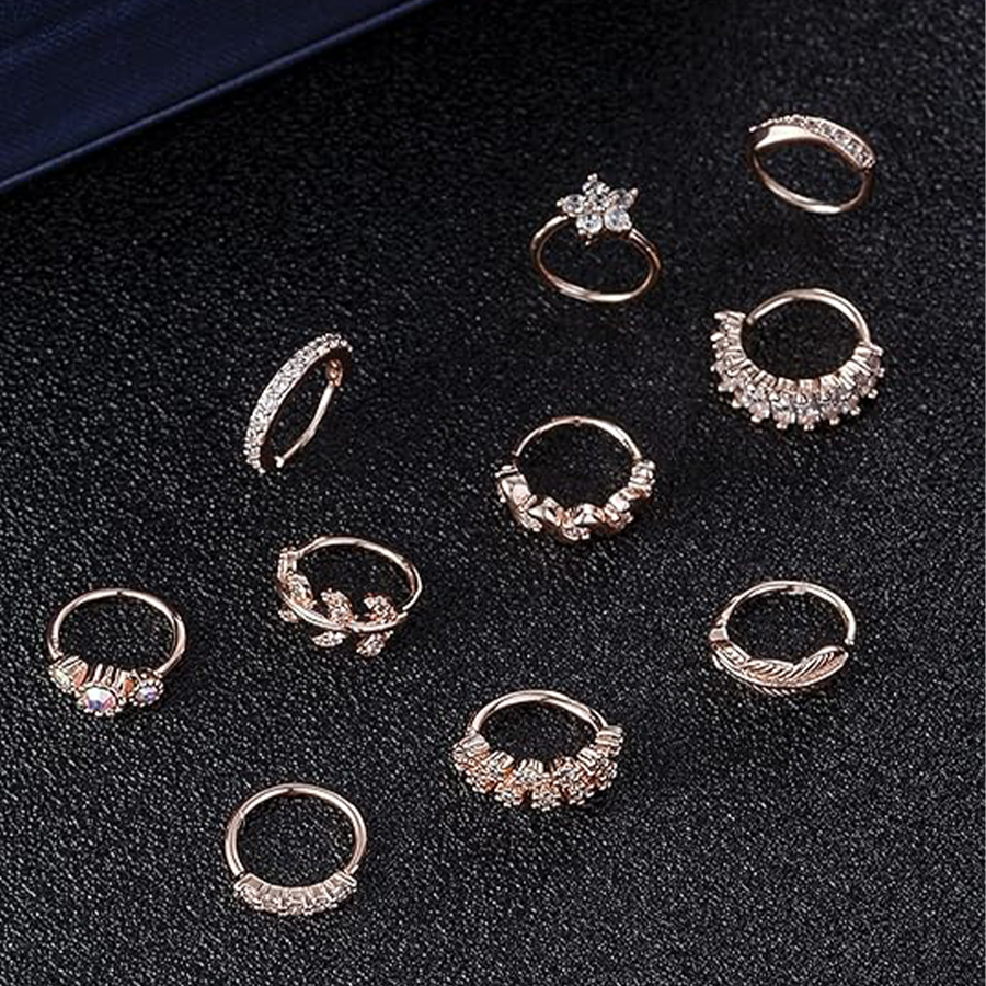 10Pcs Nose Ring Hoop Paved Flower Leaf Feather CZ Cartilage Earrings Nose Piercing Jewelry for Women Men Rose Gold Tone 20G