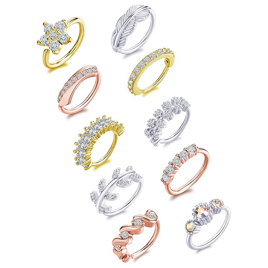 10Pcs Nose Ring Hoop Paved Flower Leaf Feather CZ Cartilage Earrings Nose Piercing Jewelry for Women Men Silver Gold Rose Gold Tone 20G