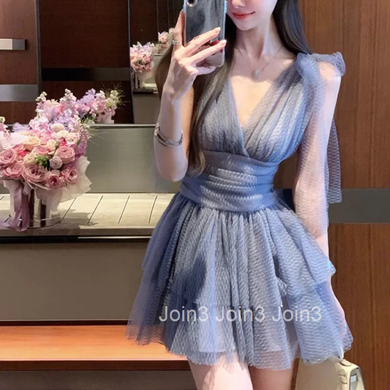Elegant High Waist A- Line Mini Dress for Girls V-Neck Lace Skirt Polyester Fiber Sleeveless Square Collar Summer New Arrival