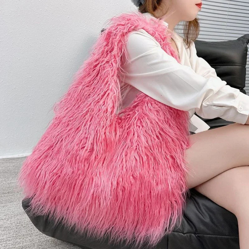 Wool Womens Plush Shoulder Bags Y2k Girls Faux Fur Drawstring Bucket Bag Fashion Female Furry Purse Tote Handbags 250805