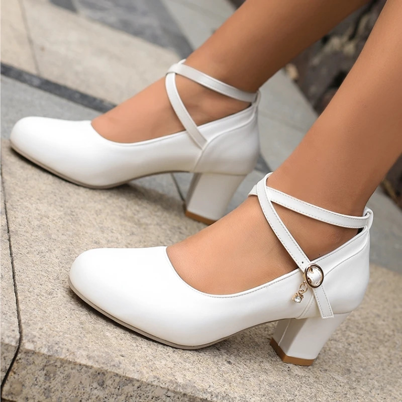 Womens Mary Janes Shoes Medium White Heels 2025 Spring Ankle Strap Black Heeled Office Wedding Dance Shoes Dress Pumps Elegant 250731