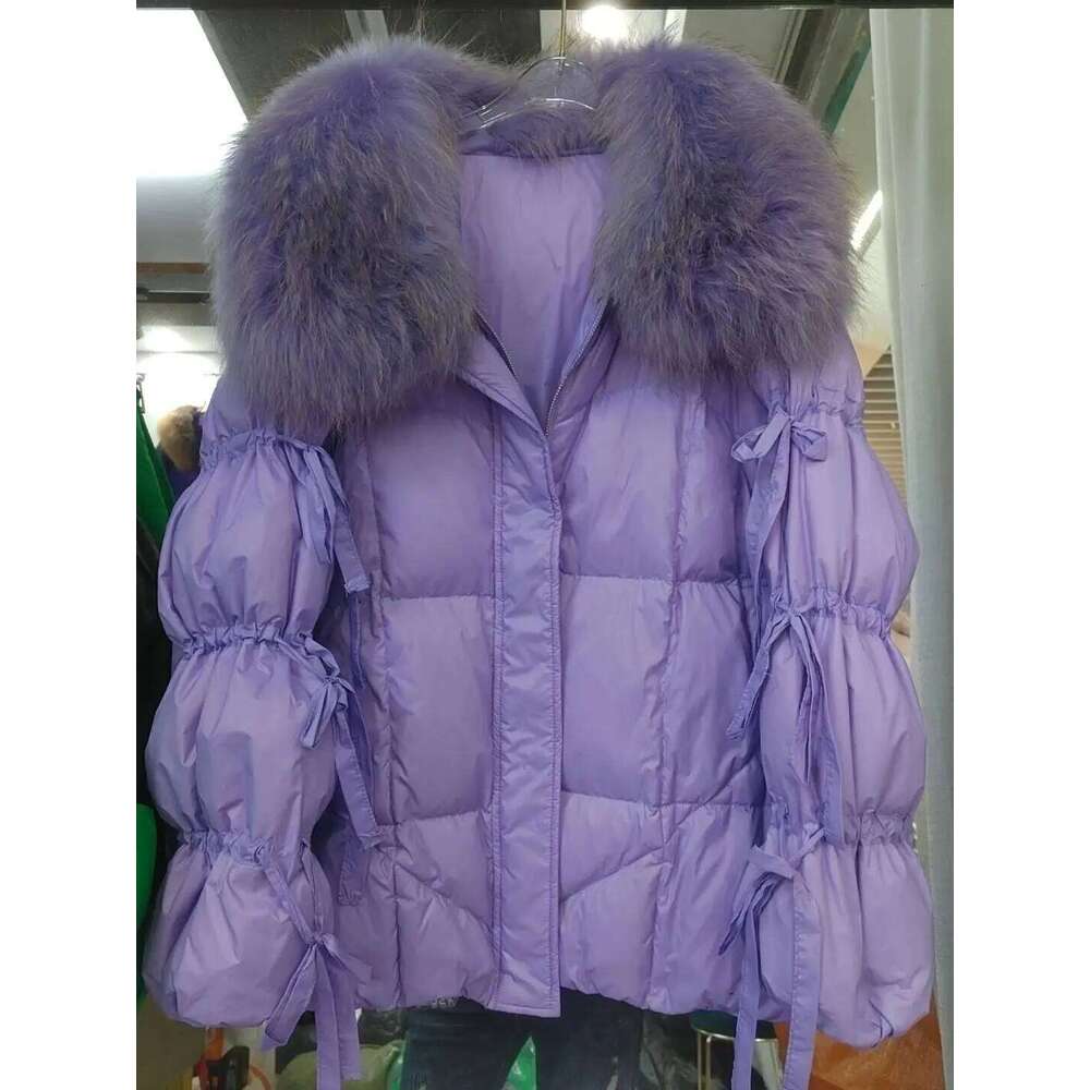 Winter Warm Real Natural Raccoon Fur Collar White Duck Green Bread Coat Female Elegant Lantern Sleeve Bow Down Jacket Wome 250806