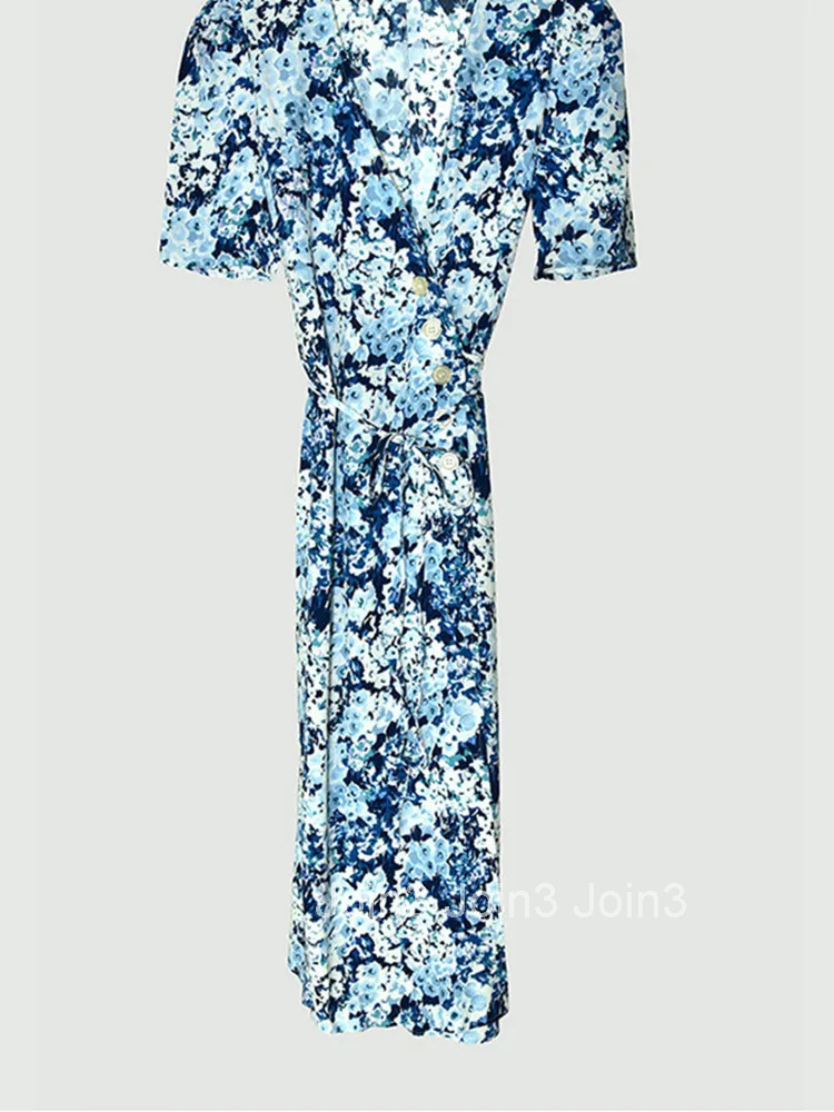 Women Lace-up Wrapped Long Dress Side Button V-neck Lady French Elegant Short Sleeve Robe Clearance Price