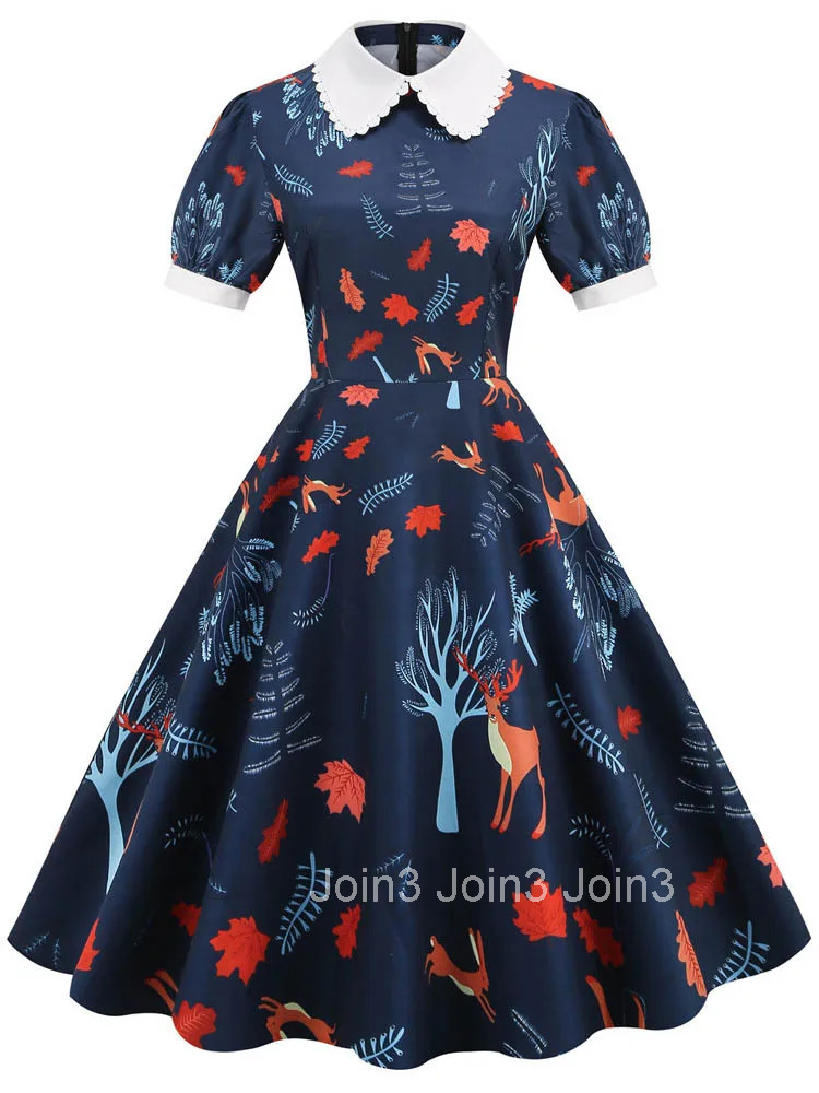 Floral Printed Summer Dress for Women Peter Pan Collar Elegant Vintage Midi Sundress Casual Party Dress with Puff Short Sleeves