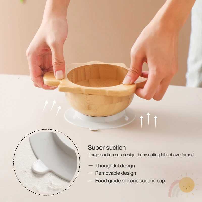 4pc Bamboo Wooden Dinosaur Dinner Plate Baby Bowl Spoon Fork Cup Silicone Suction Plate Tableware Set Baby Feeding Accessories X250806