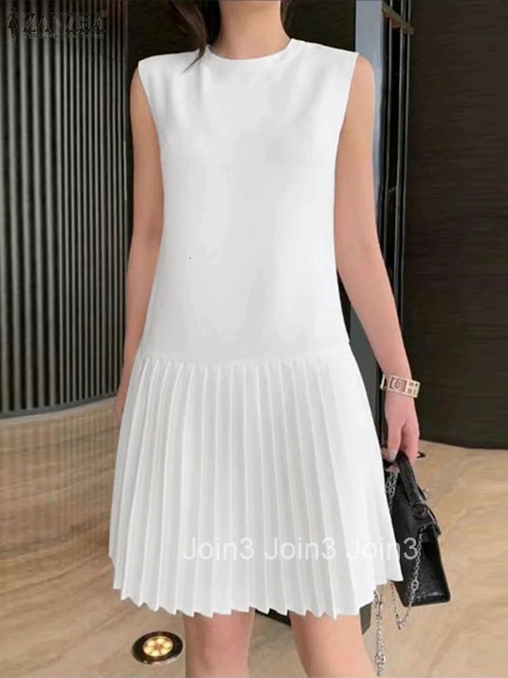 Summer Women Sleeveless Mini Dress Sweety Solid Pleated Short Dresses Party Elegant Sundress Casual Holiday Vestidos