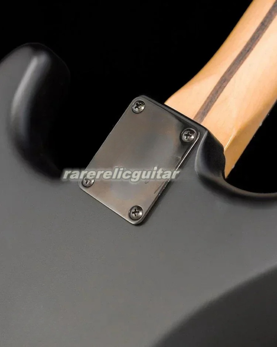 Custom Tom Delonge Satin Black Guitar, Red Button, Engraved Neck Plate, Hardtail Bridge