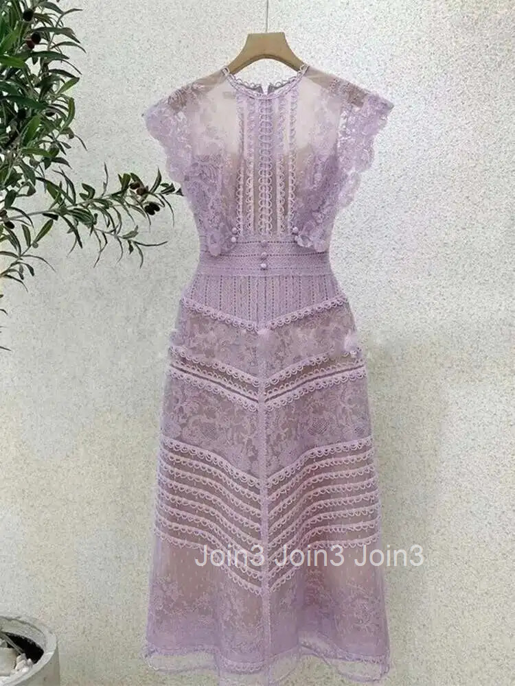 Elegant Style Lace Embroidery Patchwork Dress Apricot Fashion Hollow Out Mid Length Dresses Women Spring Summer 3A7897