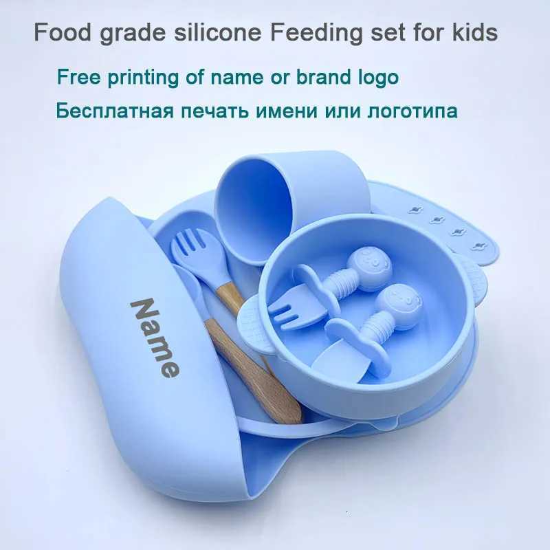 Personalized Name Baby Silicone Feeding Set Sucker Bowl Silicone Dish Plate For Baby Cup Bibs Spoon Fork Tableware BPA Free X250806