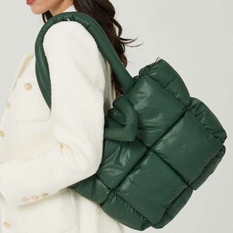 Lihao Women Handbag Cotton Padded Large Capacity Solid Color Funny Smooth Zipper Tote Shoulder Bag for Daily Life-Dark