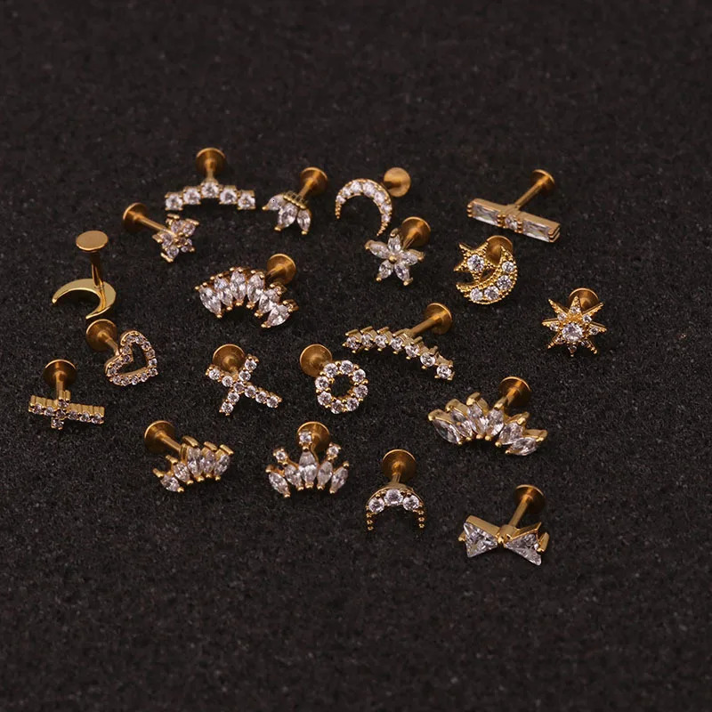 1PC 16G Cross Heart Flower Crown Tragus Helix Stainless Steel Labret Lip Bar Rings Stud Cartilage Ear Piercing Body Jewelry 250805