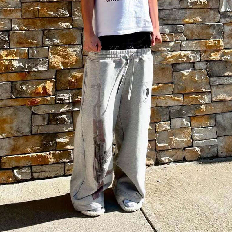 Printed Double Waistband Casual Pants for Men High Street Fashion Design Loose Versatile Straight Sweatpants