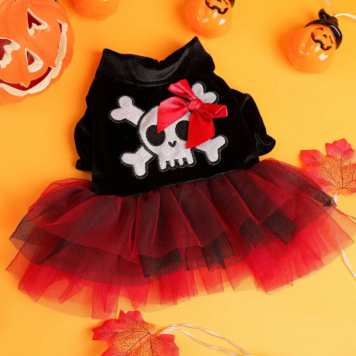 Halloween Pirate Wedding Dress Pet Clothes Dog Cat Black Thermal Dress Funny Red Skull Splicing Open Button Dress 250805