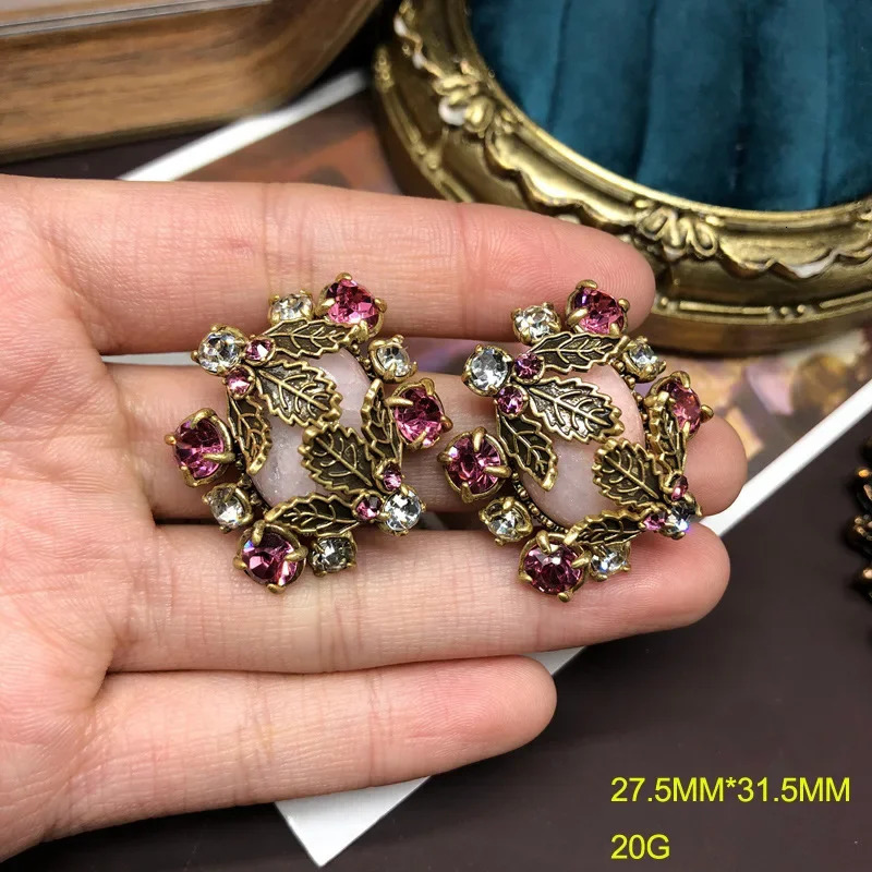 NISHIZAWA Leaf Stud Earrings for Women Pink Gemstones Vintage Sweet Jewelry Style Exquisite Fashion Aretes De Mujer 250729