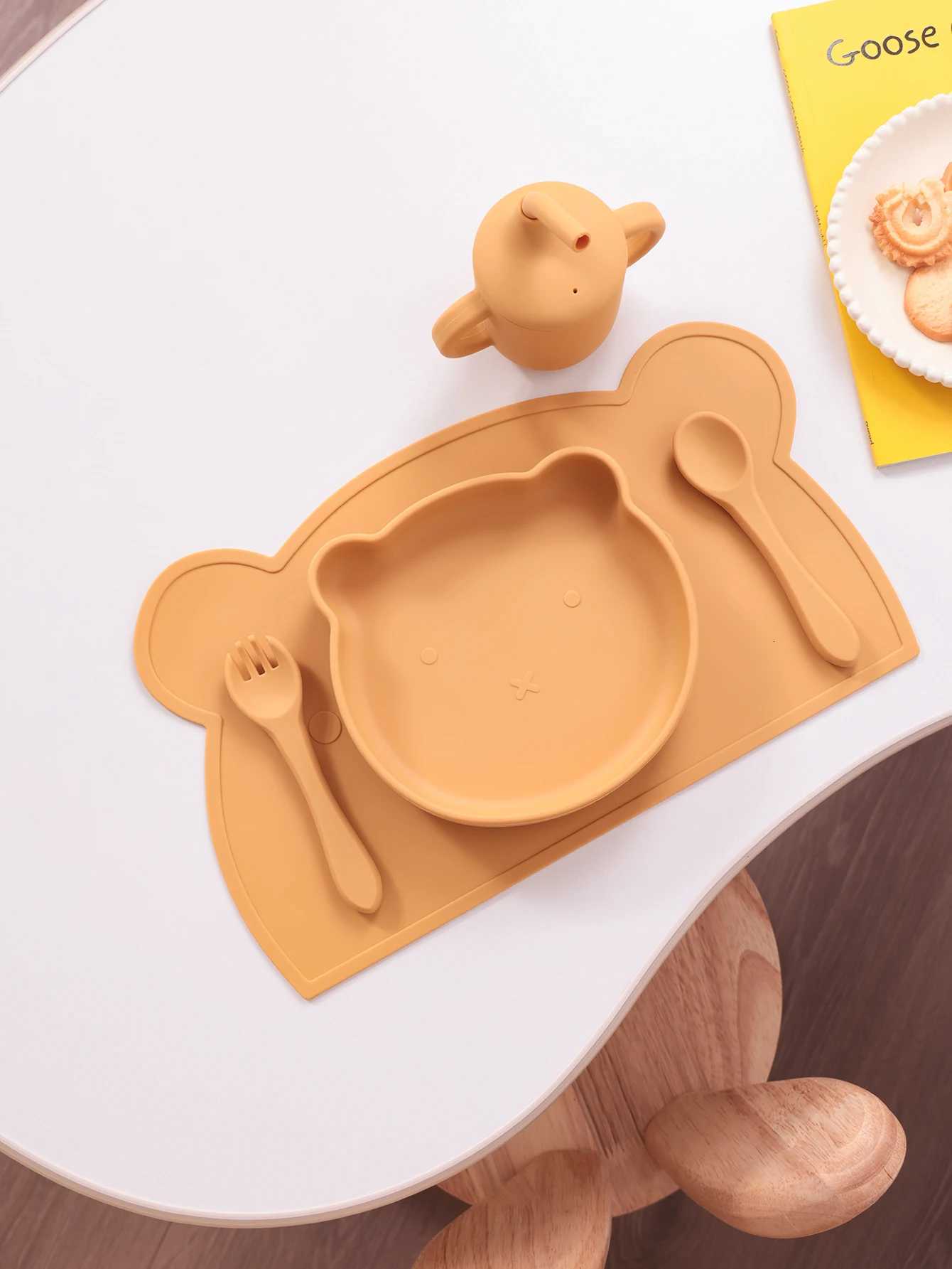 5PCS Silicone Baby Feeding Set Bear Design Suction Plate Bowl Spoon Fork Cup BPA Free Toddler Essentials Non-Slip Weaning X250806
