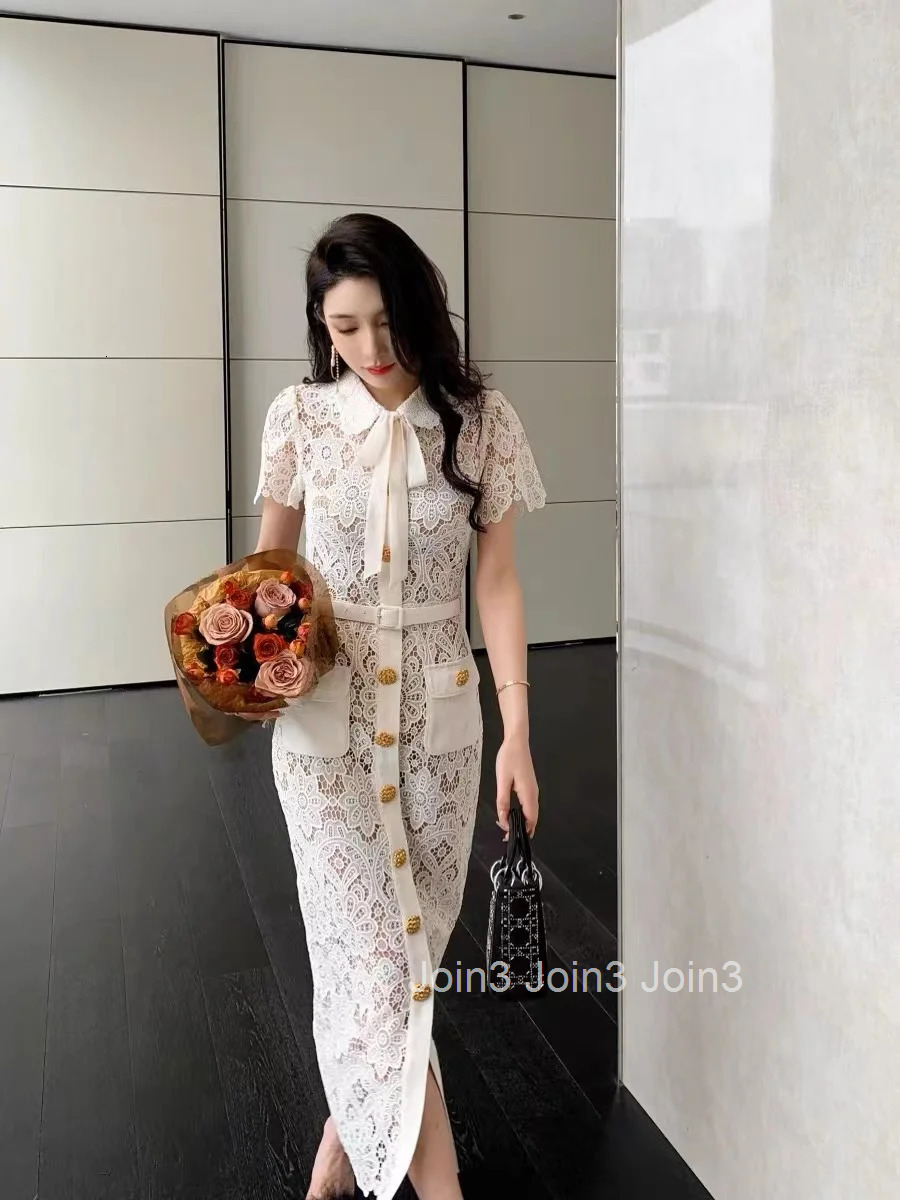 JAMERARY Elegant Designer Holiday White Lace Prom Dress Women Short Sleeve Gold Button Belt Bow Bodycon Evening Party Vestidos