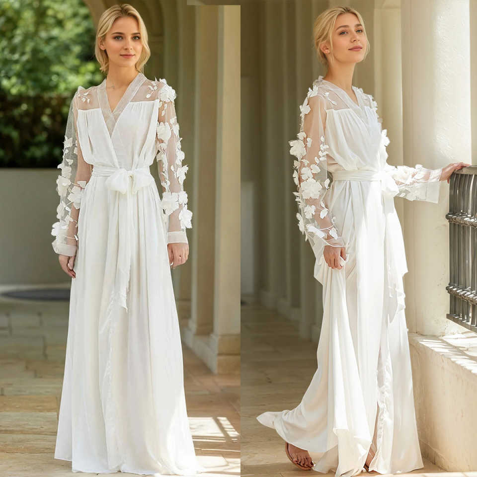 Sexy Bride Robe Nightgown Long Sleeve 3D Flowers Bridal Gowns Photo Shoot Maternity Dressing Gown Customized