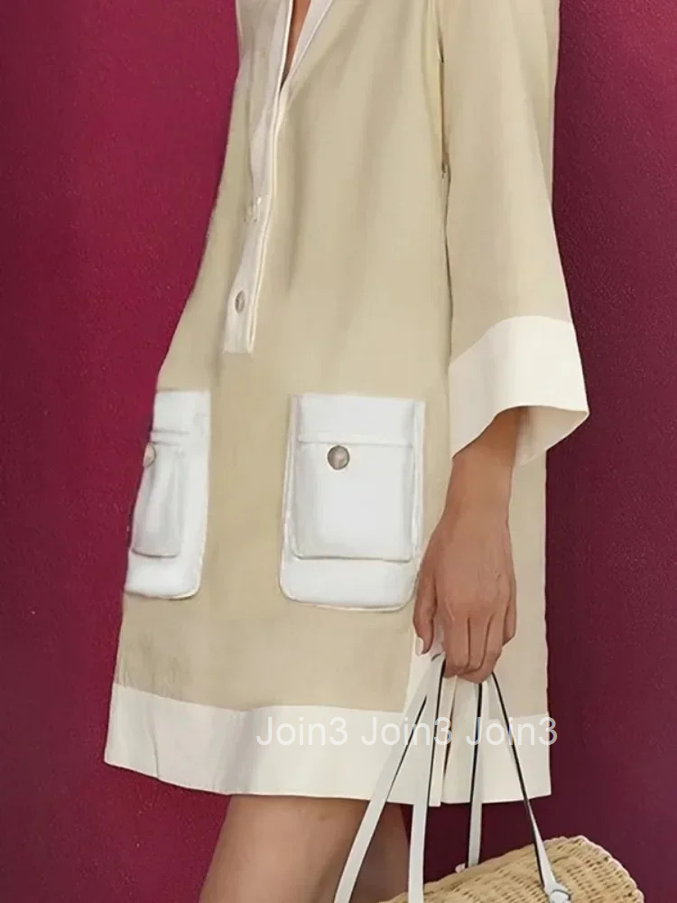 Yeezzi Women Shirts Dress New Spring Long Sleeve Fashion Contrast Color Pockets Buttoned Elegant Party Evening Mini Dresses