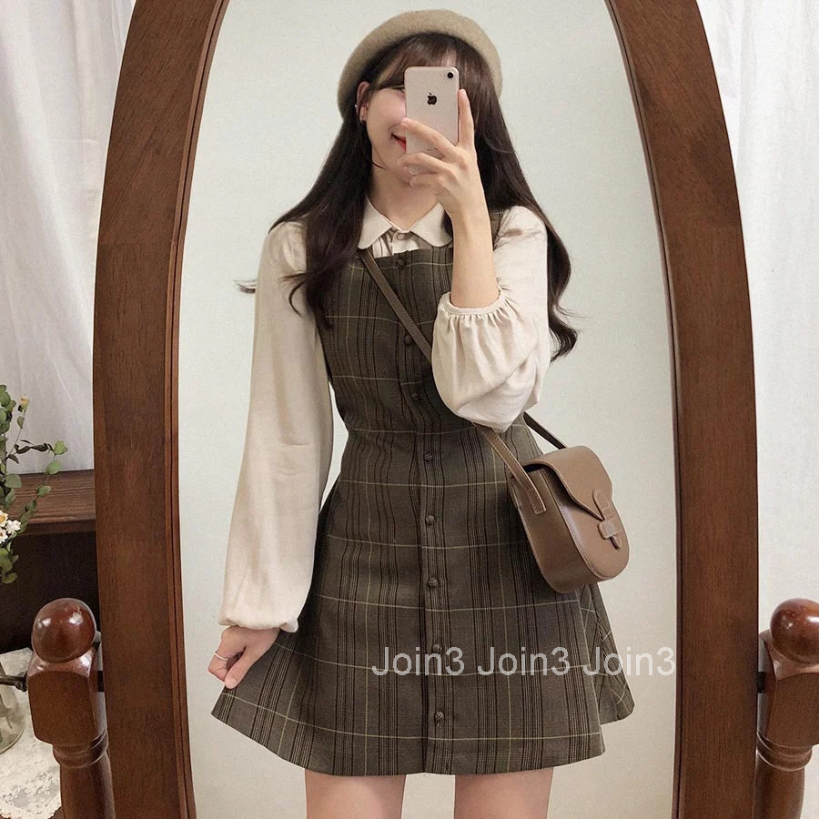 Preppy Sty Japan Girls Matching Outfits Date Lady Autumn Spring A Line Women Plaid Shirt Dress