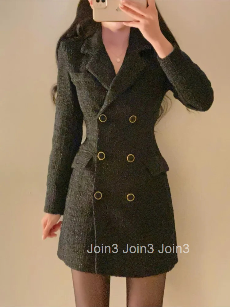 Elegant Tweed Blazer Dress Double Breasted Slim Short Dresses for Women Korean Fashion Office Lady Coat Dress Autumn Winter New