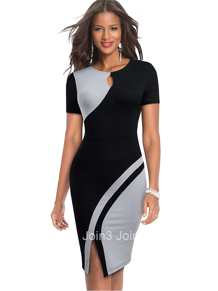 Nice-forever New Spring Elegant Stylish Contrast Color Patchwork Office Work vestidos Business Bodycon Women Dress B571
