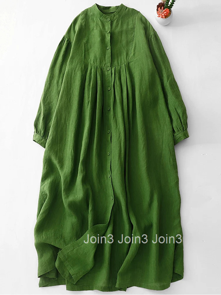 Cotton Linen Women Long Sleeve Robe New Spring Summer Elegant Fashion Maxi Dresses Female Literary Casual Loose Gown