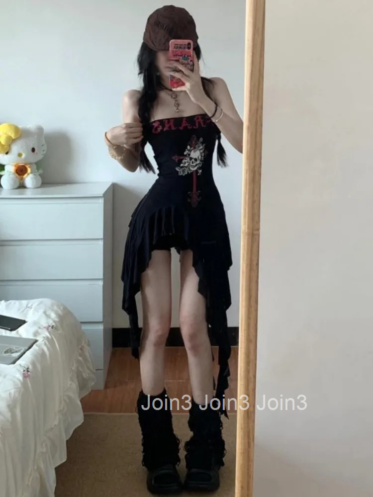 Elegant Irregular Black Strapless Dress for Women Summer New Slim Fit Dresses Y2k High Waist Ruched Vestidos De Mujer