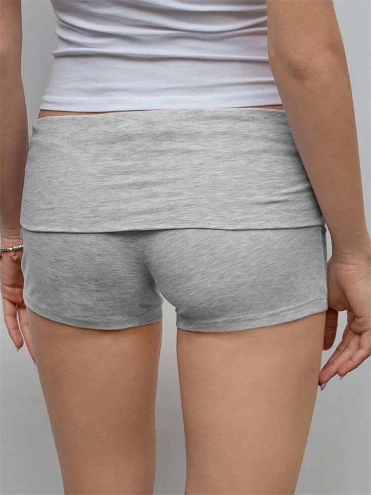 Women's Summer Slim Sporty Fiess Short Pants Solid Color Fold Over Low Waist Lounge Shorts Casual