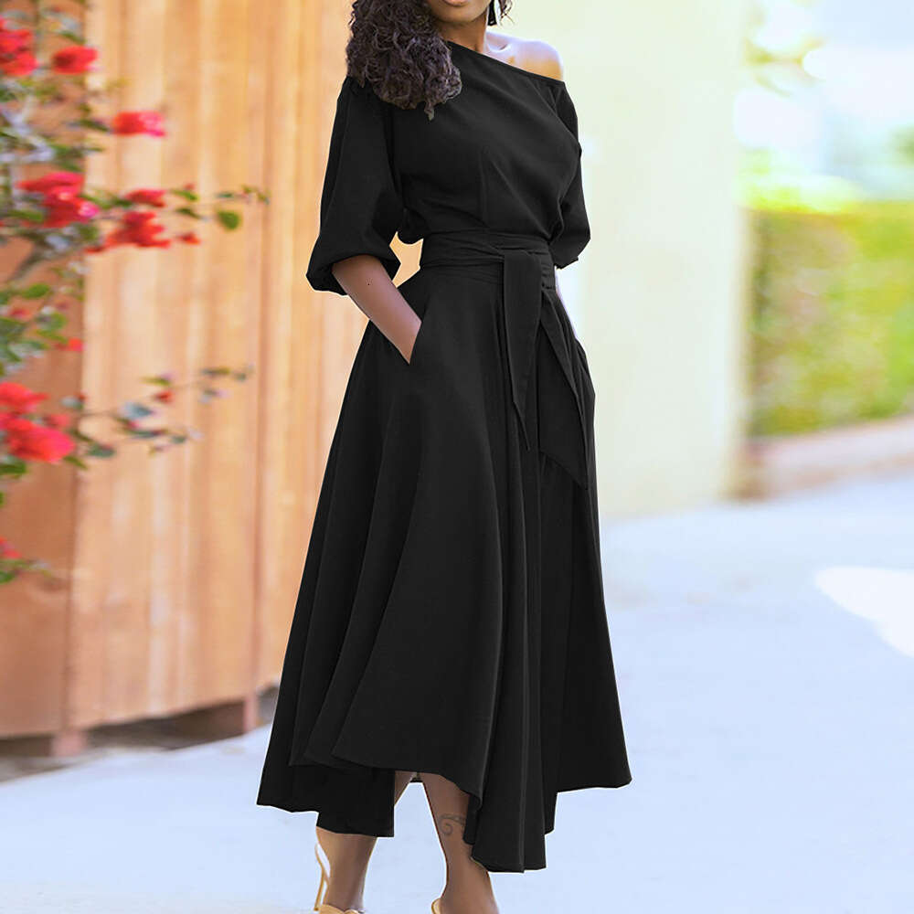 Women's Spring New Elegant Off-Shoulder Tie Waist Long Sleeve Solid Color Dress 661 B5