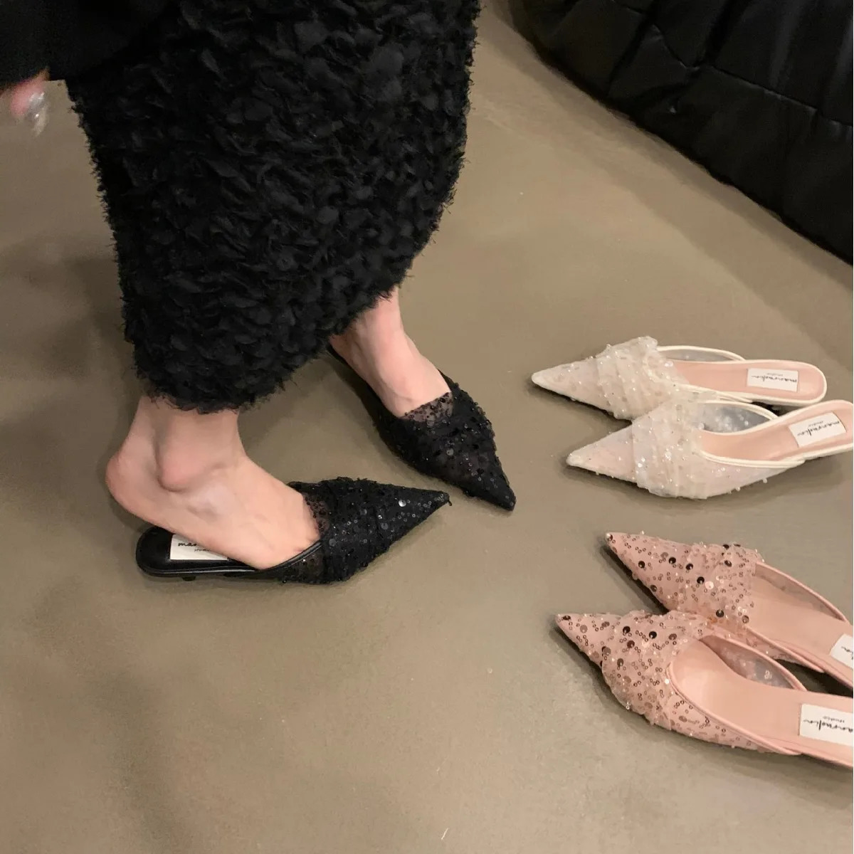 Small fragrant wind high heel half slippers springsummer vintage high heels Gentle single shoe sequined shoes 250731