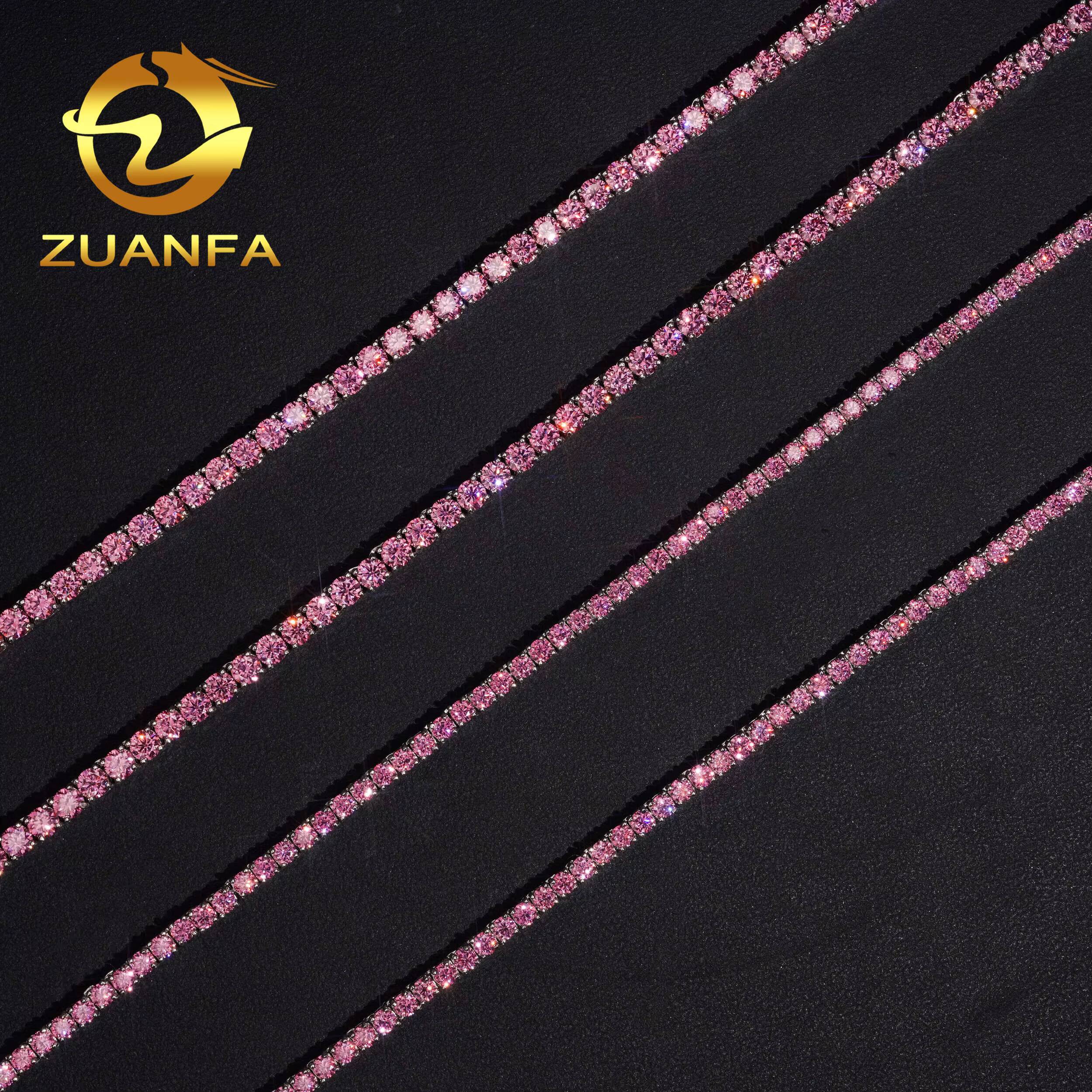 New Stocks Drop Shipping Hip Hop Jewelry Men Necklace Solid 925 Sterling Silver 3MM 4MM Pink Moissanite Diamond Tennis Chain