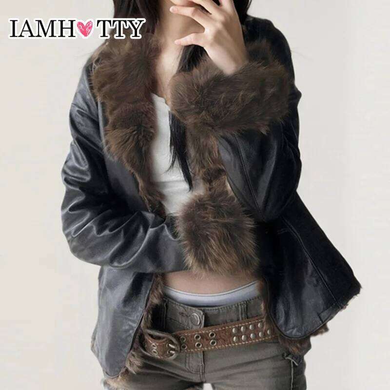 Faux Fur Patchwork Pu Leather Jacket Luxurious Furry Collar Warm Down Coats Winter Chic V-neck Cardigan Thick Outerwear