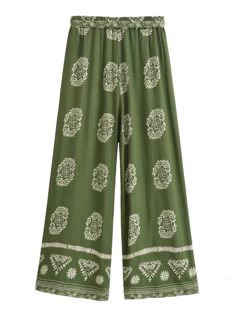 Vintage Chic Women Green Floral Bohemian Wide Leg Pants Lady Elastic Waist Loose Vacation Boho Long Pants Oversize Trousers 250806