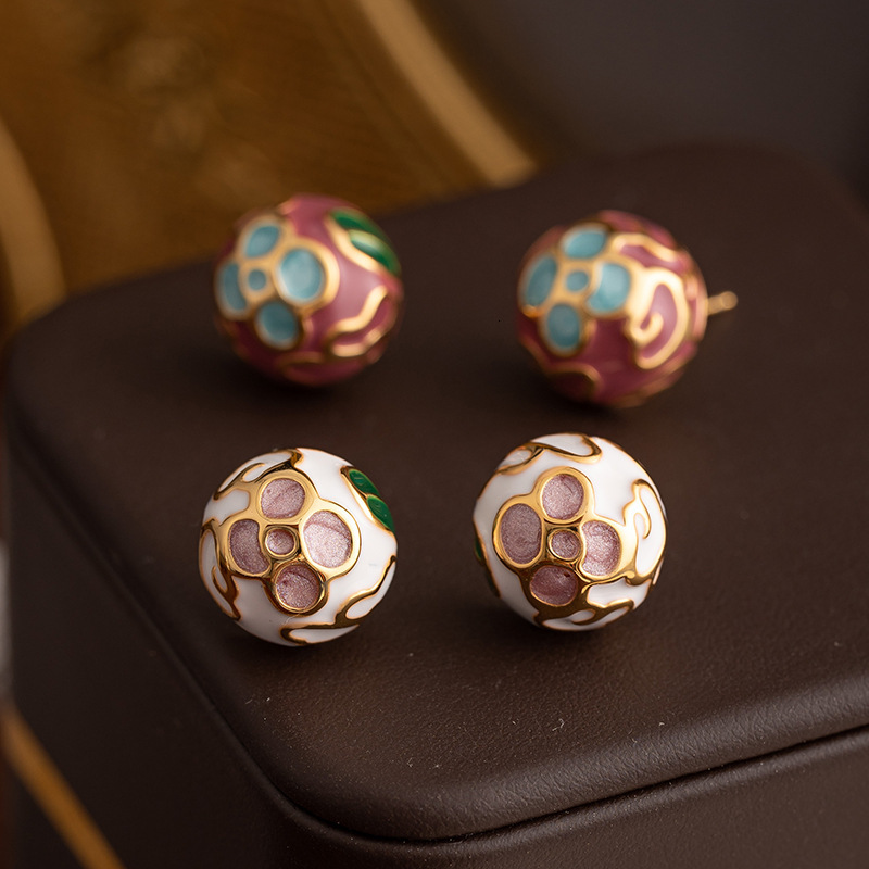 New Chinese National for Women Enamel Drop Glaze Flower Palace Style Stud Earrings Elegant Light High-end Feel