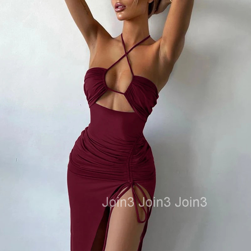 Summer Black Sexy Dress For Women Sleeveless Backless Hollow Out Party Dress Fashion Lace-up Halter Bodycon Elegant Split Dress