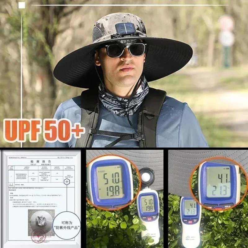 Mens Fashion Wide Brim Solar Fan Hat UPF50 Sun Protection with Dual Power Solar USB Adjustable Outdoor Beach Fishing Hat 250805