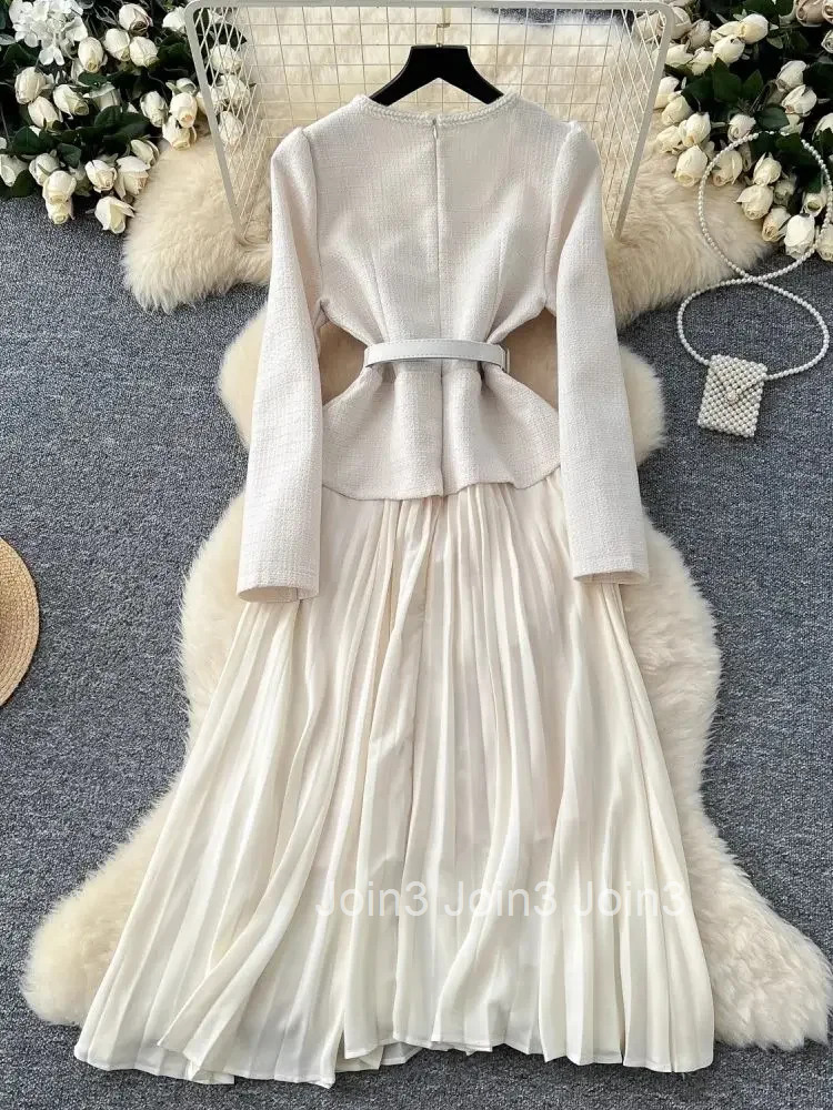 New Autumn Winter Tweed Patchwork Chiffon Long Dresses Womens Square Collar Diamonds Buttons Belt Vintage Pleated Robe Vestidos