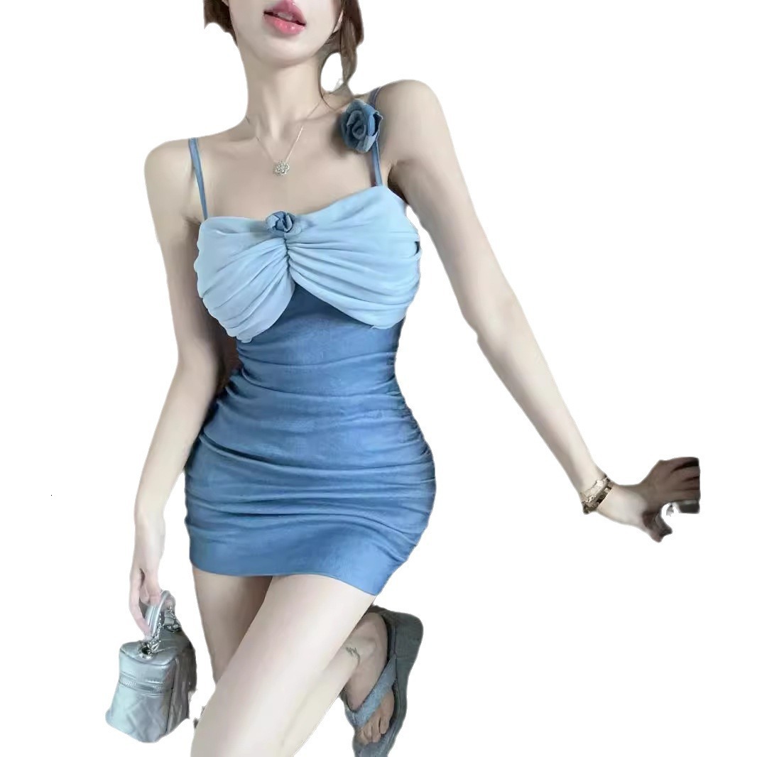 2025 fashion Summer Unique Design Elegant Fashion Strap Slimming Cowboy Elastic 3D Flower Tight Wrinkle Hong Kong Style Fashion Dress New Designer Dre