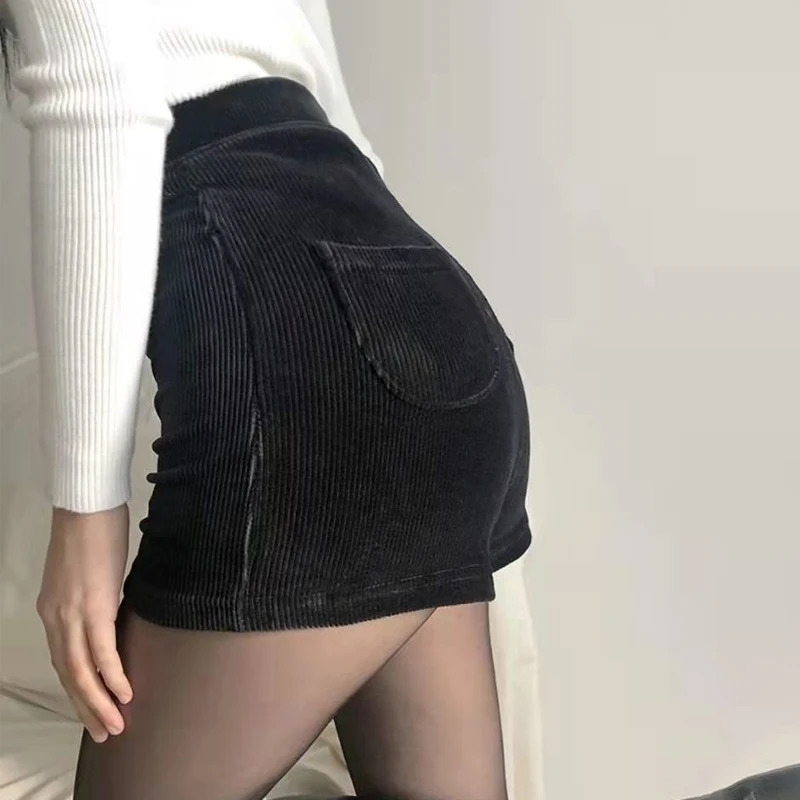 Womens Black Goth Pants Shorts High Waist Spring Autumn Fashion Tight Sexy Stretch Y2K Corduroy Female Casual Pants 250806