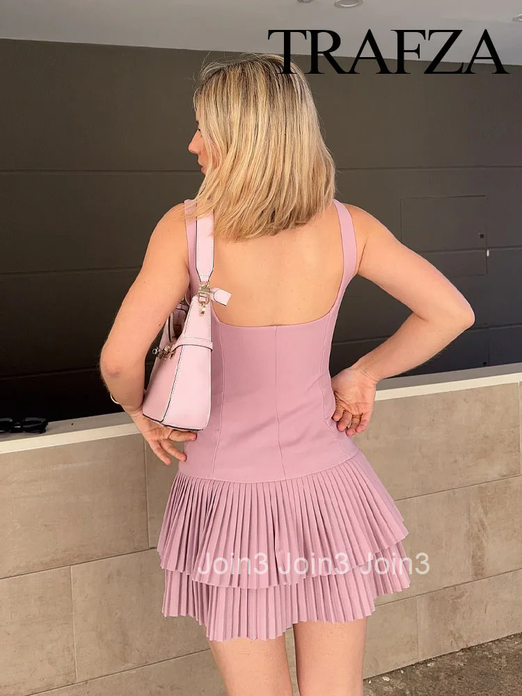 Women Fashion Square Collar Sleeveless Solid Mini Dress Female Summer Pleated Dress Chic High Street Slim Short Dress