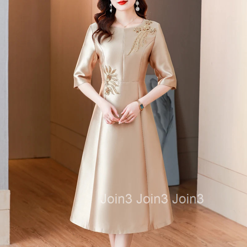 Luxury Satin Womens Dress Summer New Vintage Flower Embroidered Beads Round Neck A-Line Midi Elegant Wedding Party Dresses J103