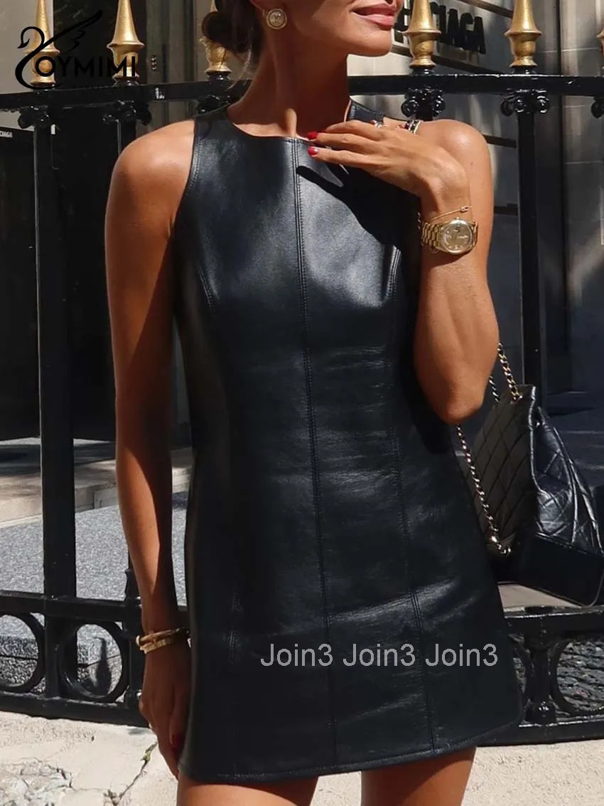 Casual Black Pu Leather Dresses Women Fashion New O-Neck Sleeveless Slim Dresses Elegant Solid Straight Mini Dress
