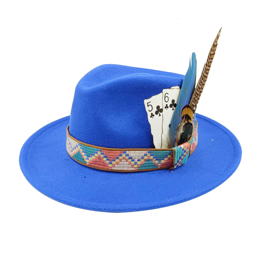 Feather Fedoras Hat Mens and Womens Black Felt Wide Brim Jazz Hat Gentlemens Hat Plum Blossom 8 Poker Card n Fedora Hat 240919