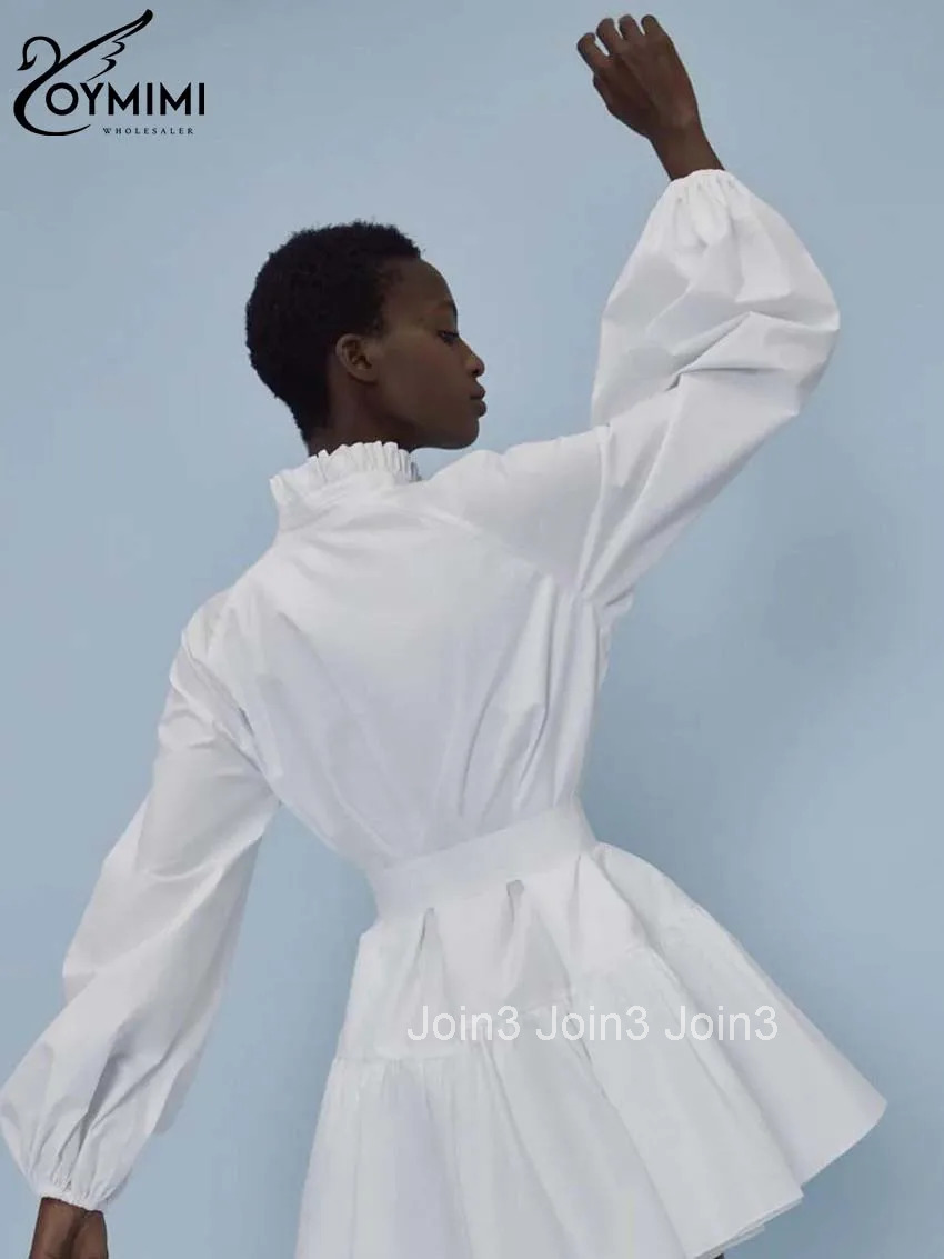 Elegant White Cotton Womens Dress Casual Ruffled Collar Long Sleeve Single Breasted Dresses Fashion Lace-Up Mini Dresses